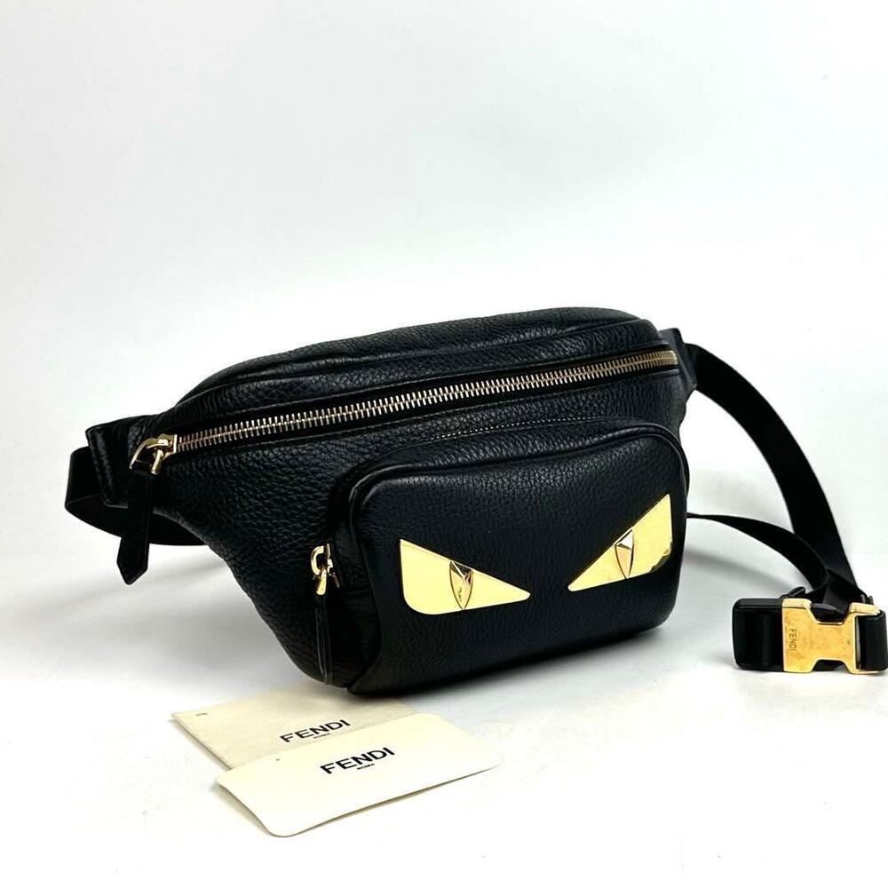 FENDI Monster Waist Bag Bugs Eye FF Shoulder Crossbody Leather Black
